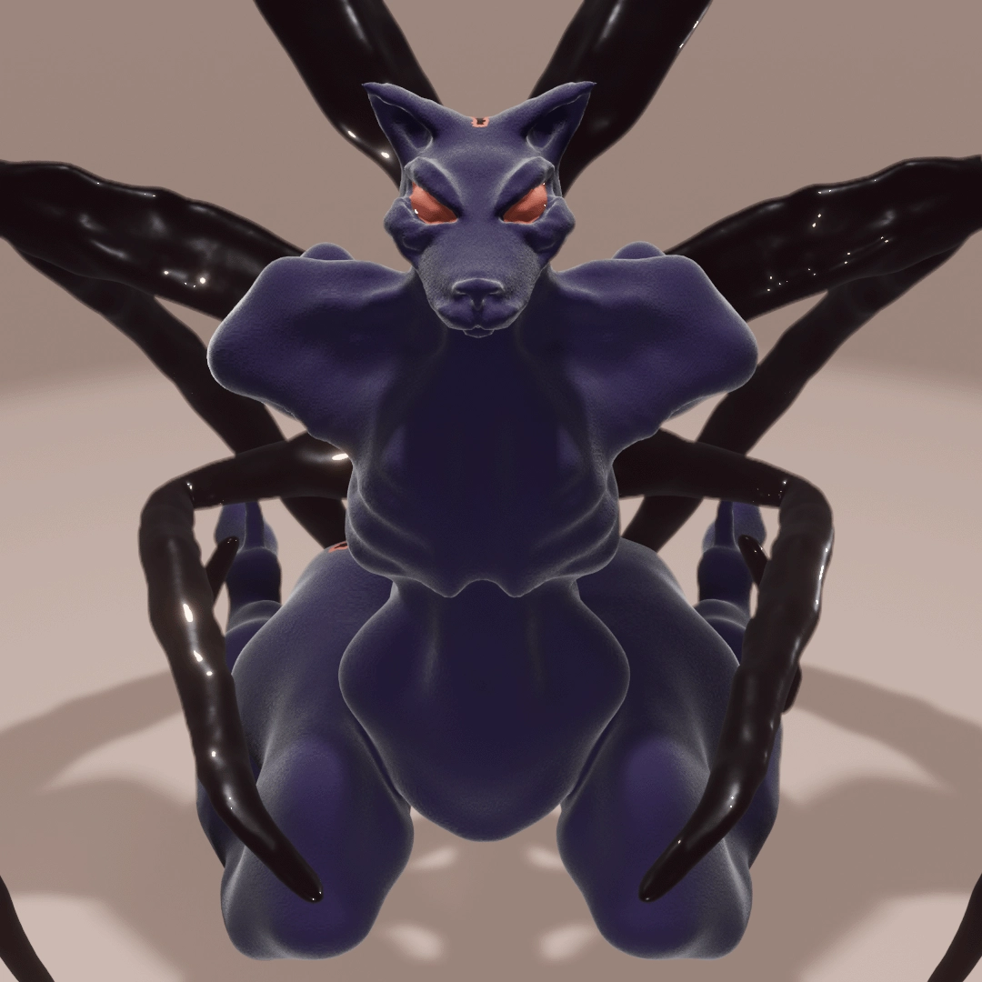 A blender model of jackal creature suspended by mechanical spider legs.