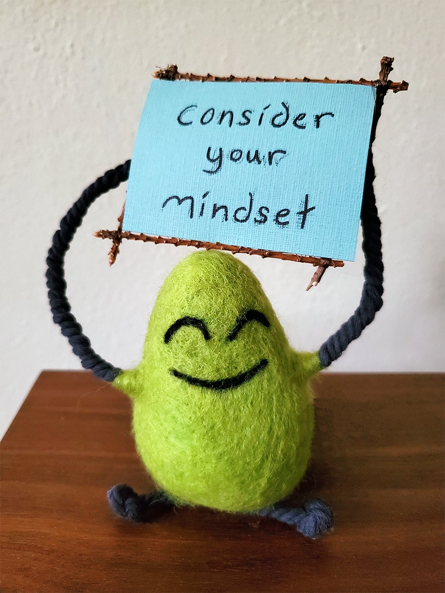 A felted Cloudia holding a sign reading "consider your mindset".