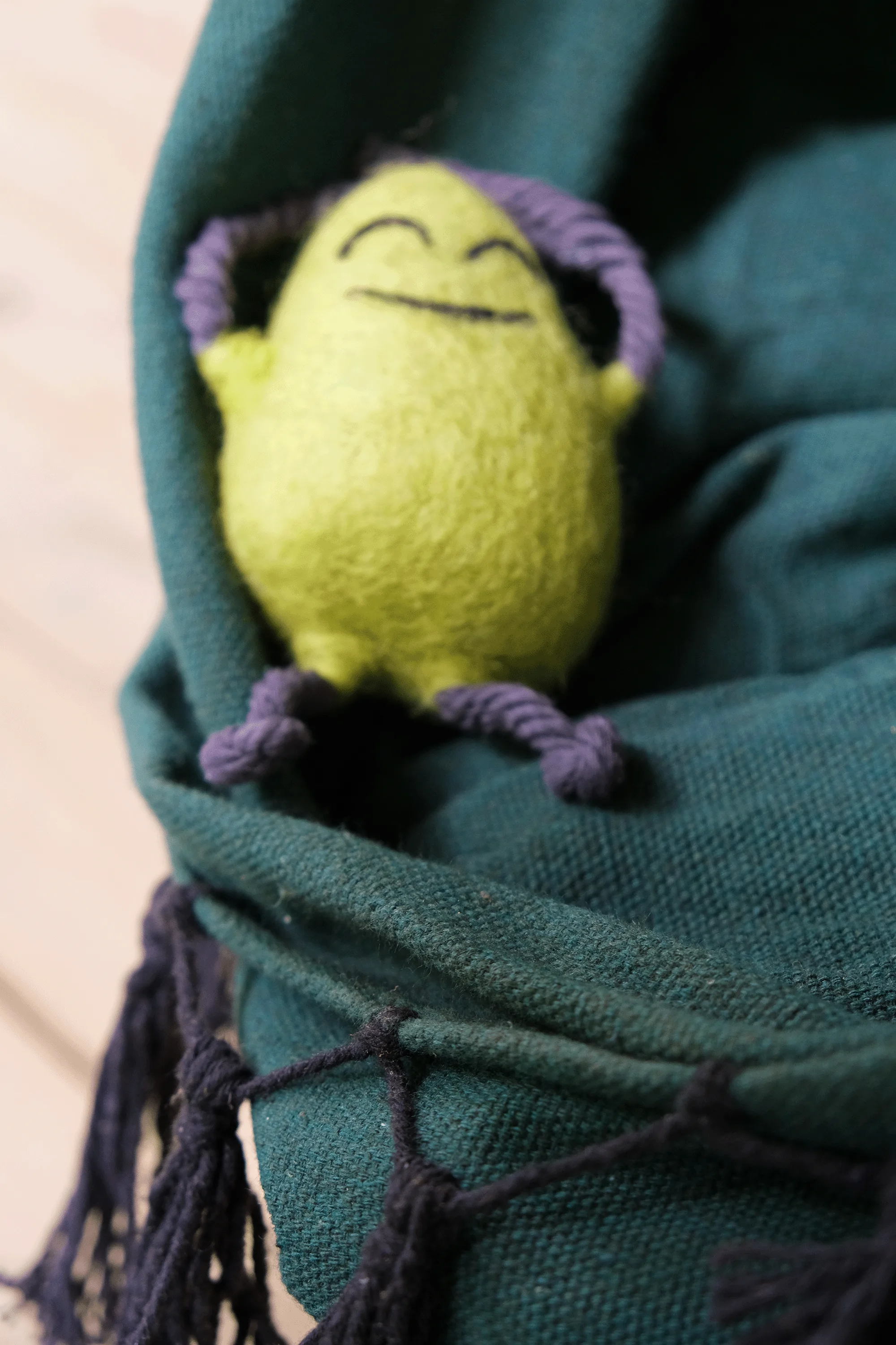 A felted Cloudia lounging in a hammock.